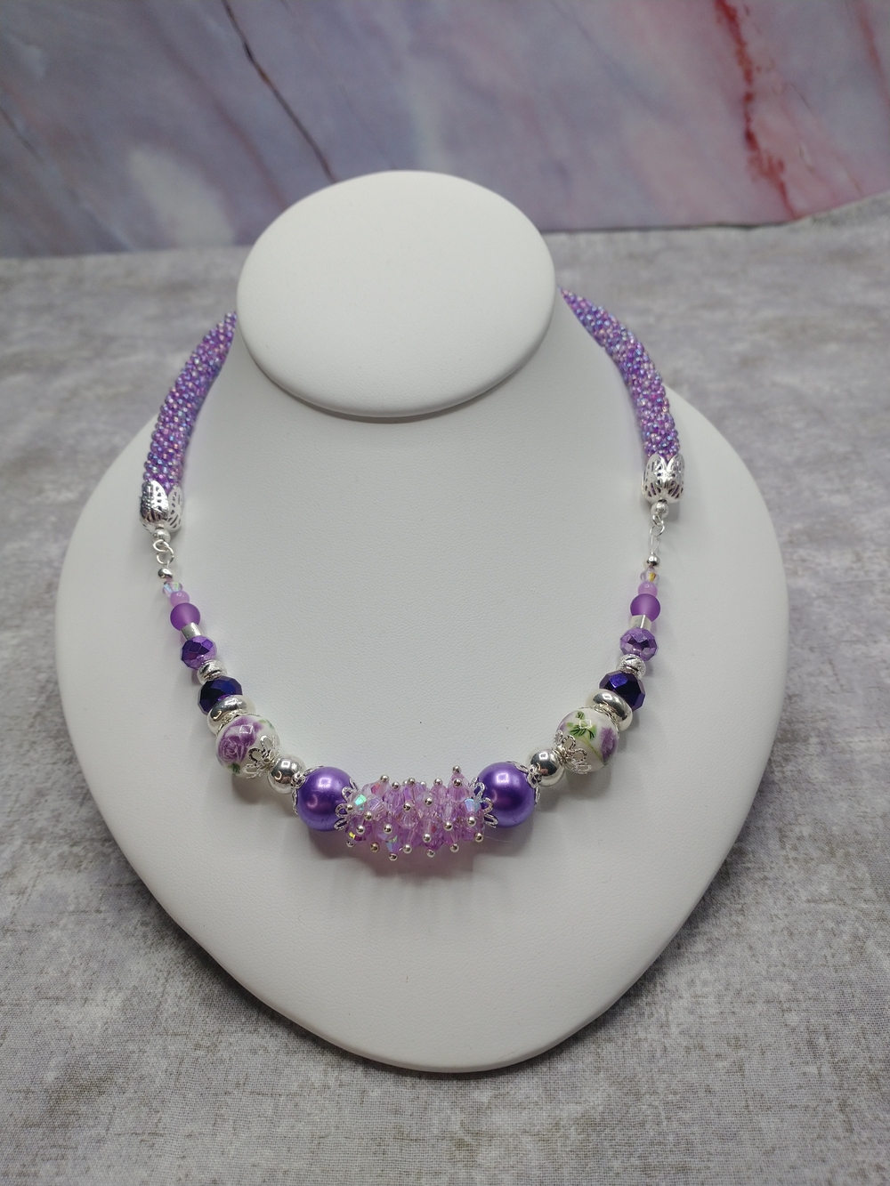New Hand Crafted Spiral Bead Crochet Necklace, Cluster Beaded Necklace